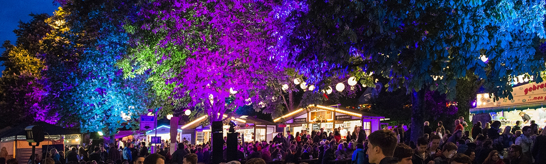 Bunt beleuchtete Bäume und viele Menschen beim Hofgartenfest in Neuburg