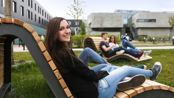 Studierende auf Holzliege auf Campuswiese