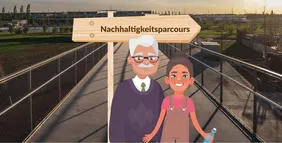 Comic-Zeichnung eines älteren Herren mit Enkel vor einem Schild "Nachhaltigkeitsparcours". Im Hintergrund ist ein Foto des Landesgartenschau-Geländes zu sehen