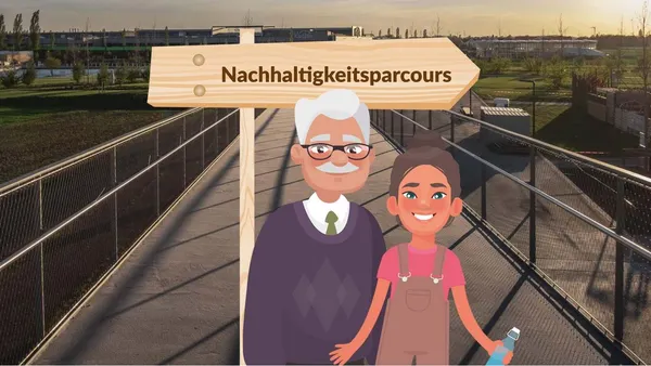 Comic-Zeichnung eines älteren Herren mit Enkel vor einem Schild "Nachhaltigkeitsparcours". Im Hintergrund ist ein Foto des Landesgartenschau-Geländes zu sehen